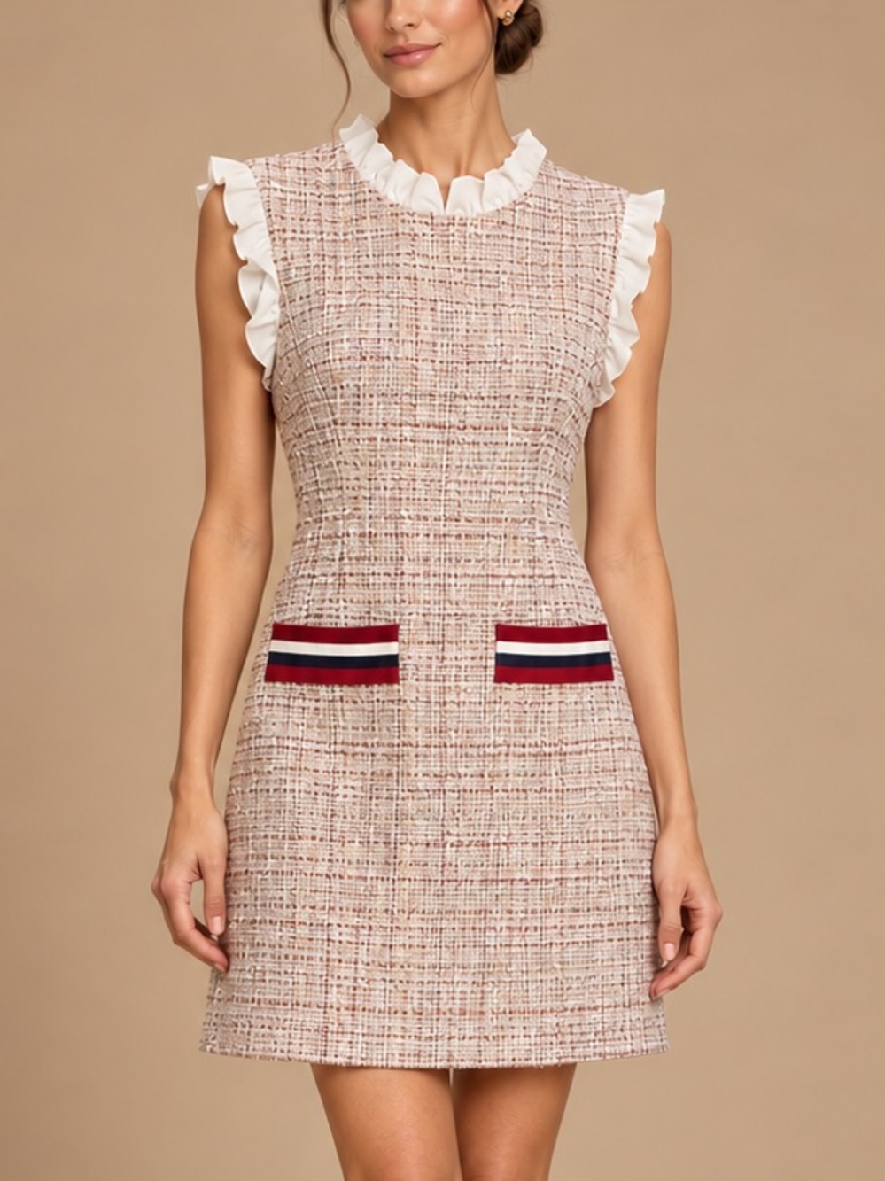 SANDRO Paris Blush Tweed Silk Ruffle Trim Mini Dress (Size 36)